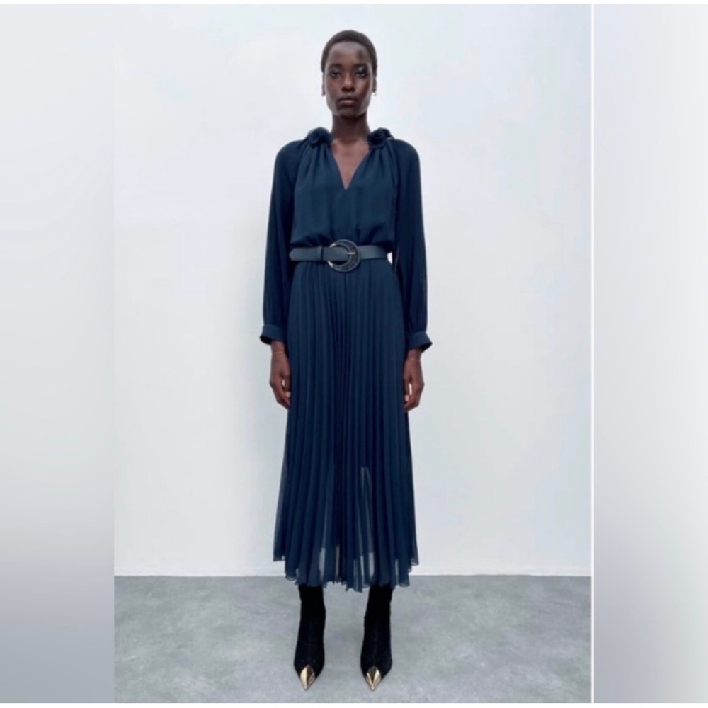 Zara Pleated Midi Dress Ruffle Neck Long Sleeve Teal Blue Size XS